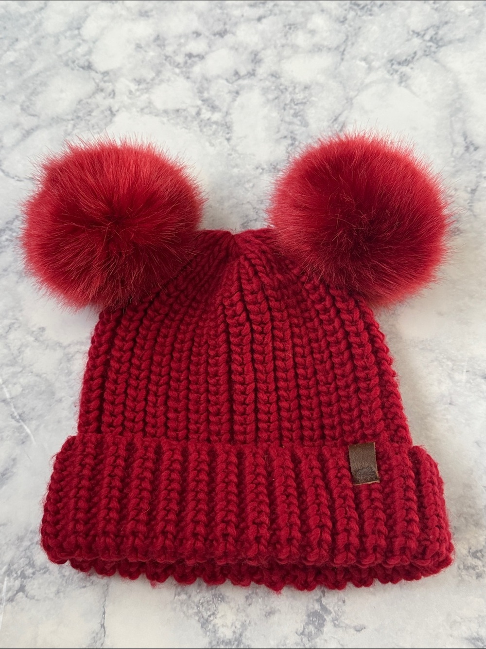 ROOTS Canada Kids Knit Beanie Hat Toque Double Pom-Poms Red